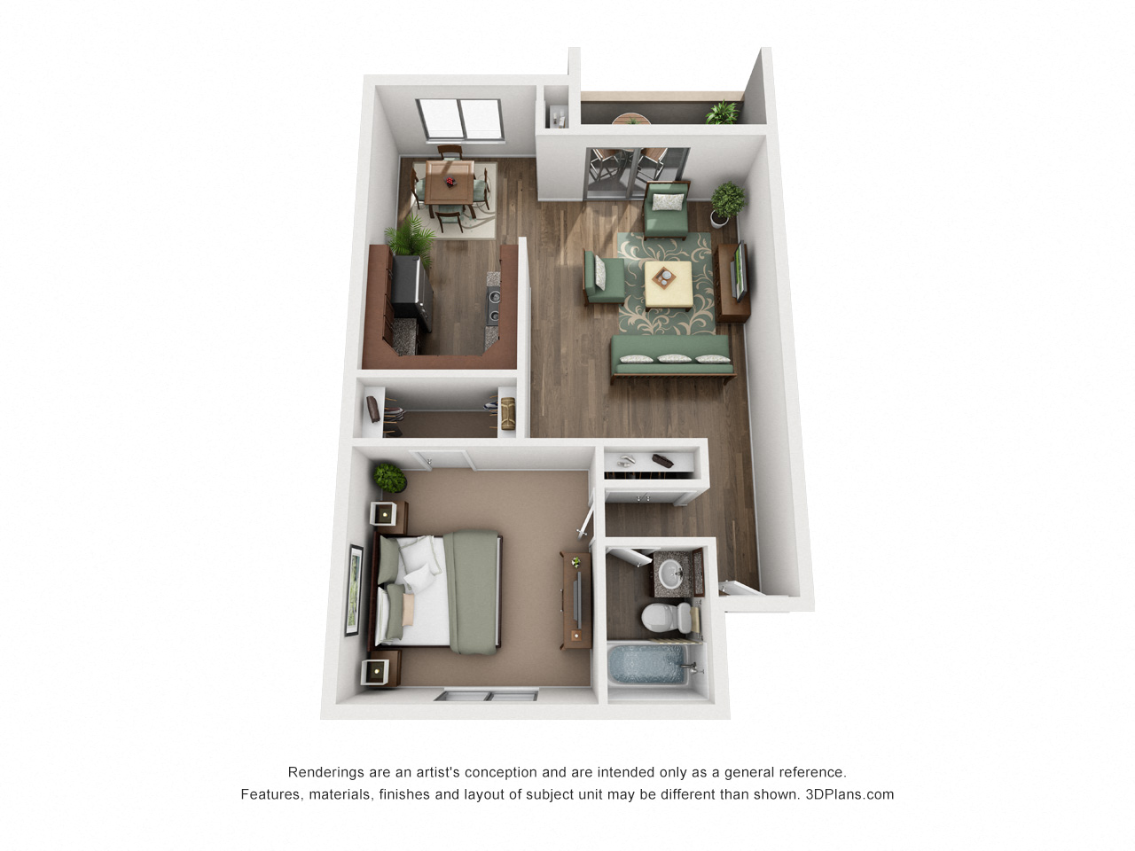 Floor plan for 1 bed, 1 bath, 774 sqft